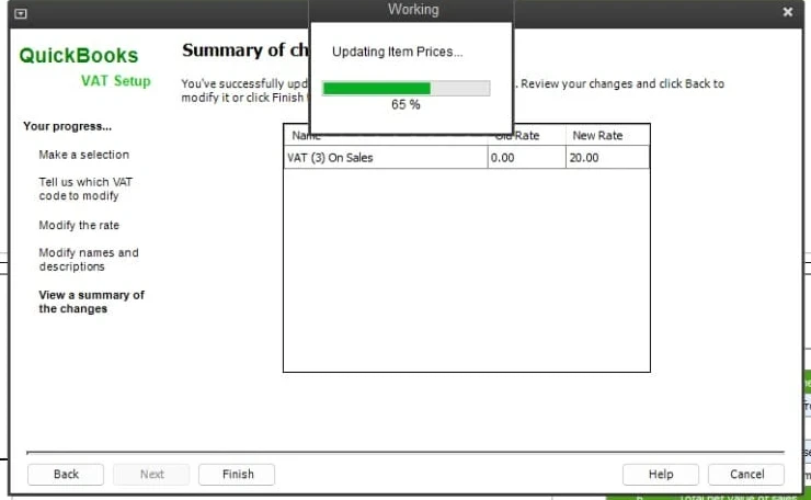 QuickBooks VAT Setup showing a sales rate change from 0.00 to 20.00 and an Updating Item Prices progress window at 65%.